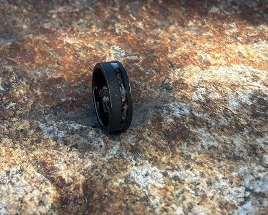 Cosmos ring with meteorite inlay on textured rock