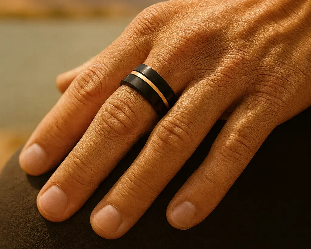 Hand wearing a black and rose gold ring with a blurred natural background