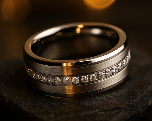 silver ring with diamond accents on a dark background