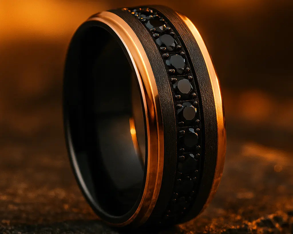 Rose gold and black ring with embedded CZ stones on a textured surface