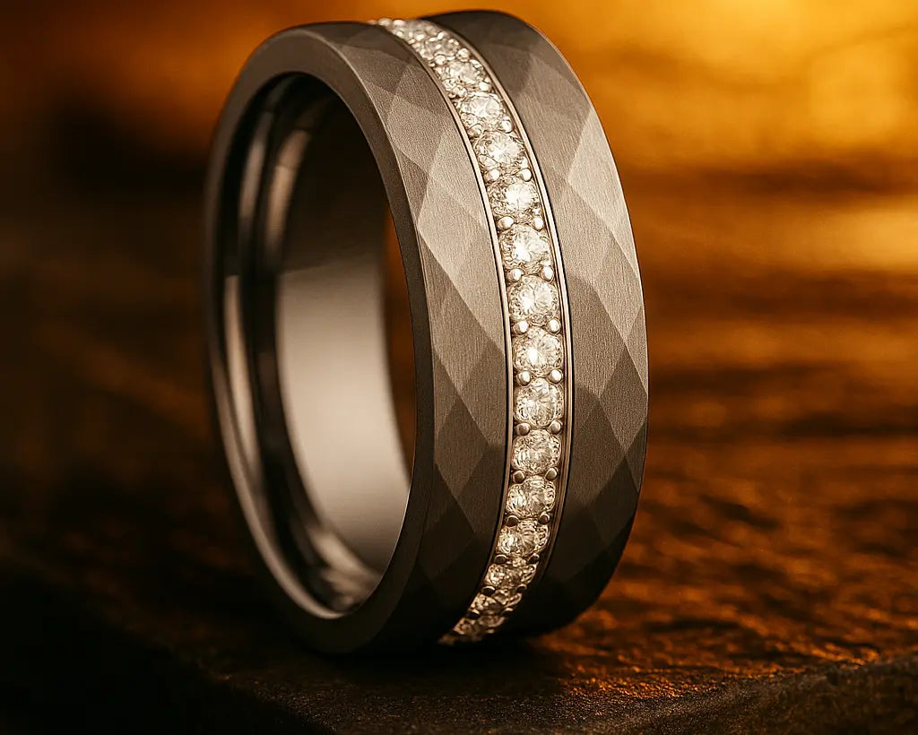 Silver ring with diamond accents on a textured brown surface