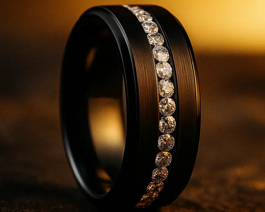 Black ring with diamond-studded band on a dark background