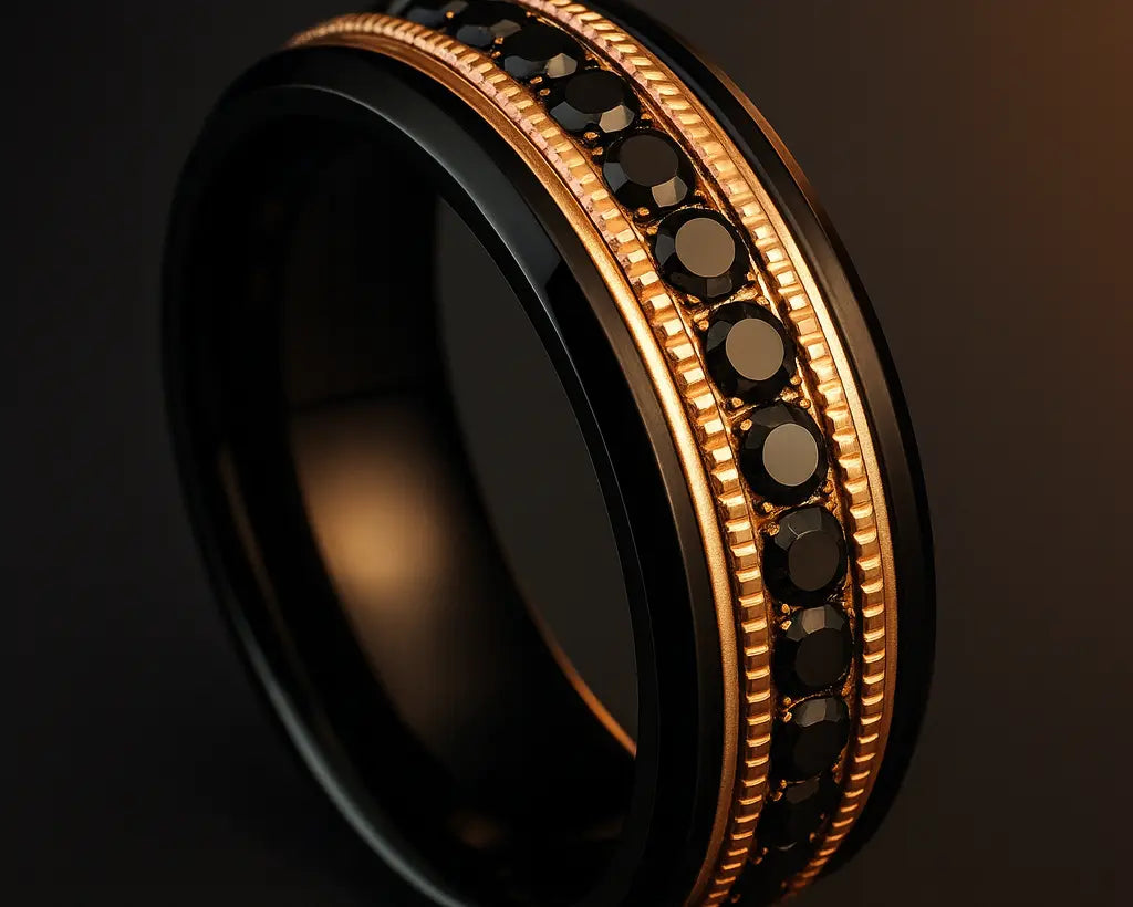 Black ring with gold band and embedded stones on a dark background
