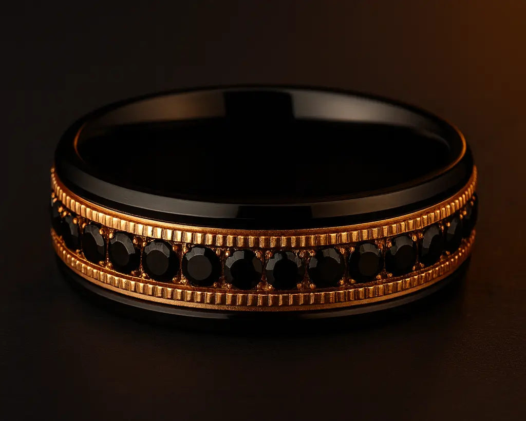 Black ring with gold band and embedded stones on a dark background