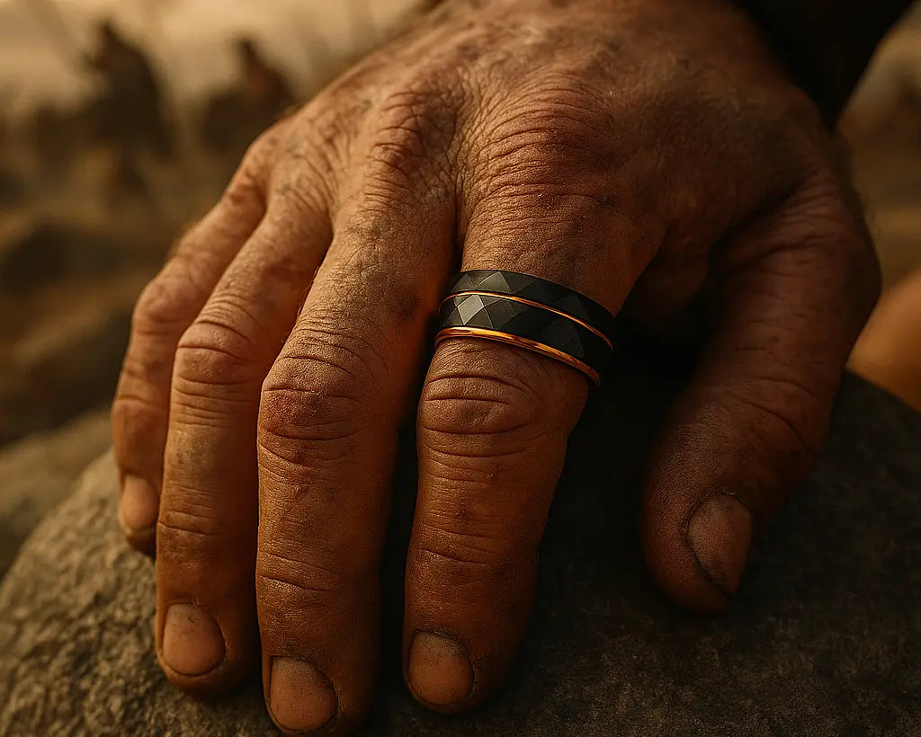Close-up of a rugged hand wearing a ring with a blurred natural background