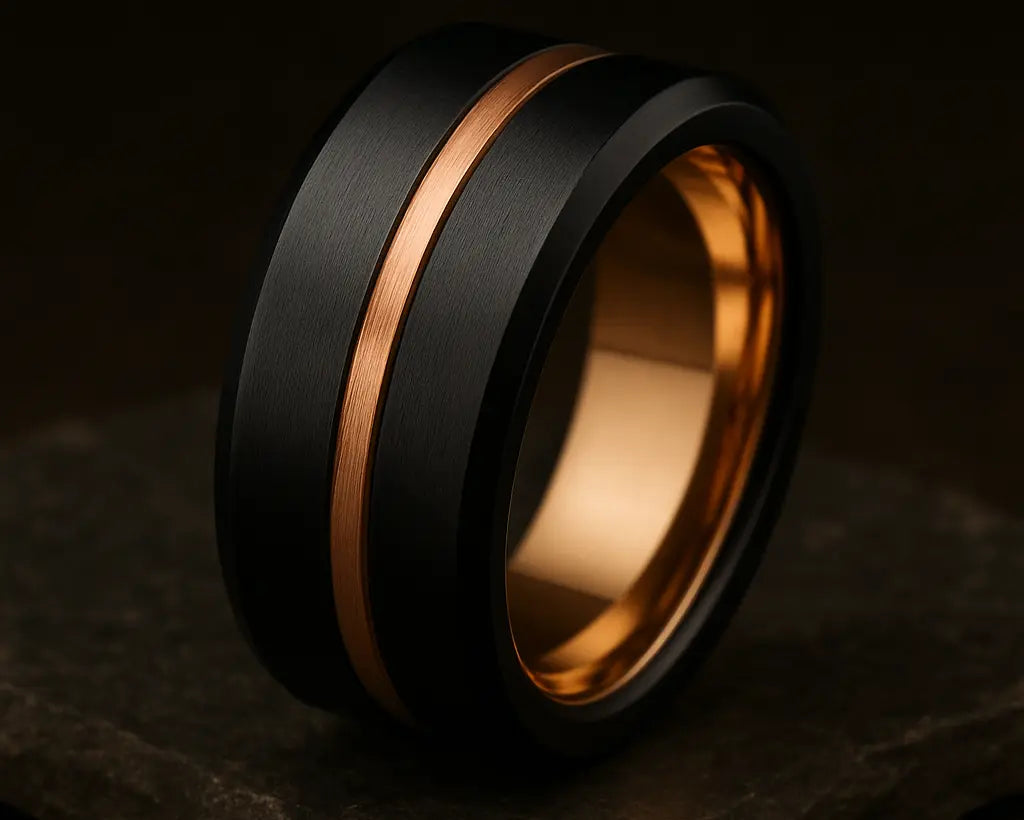 Black and rose gold ring on a dark background