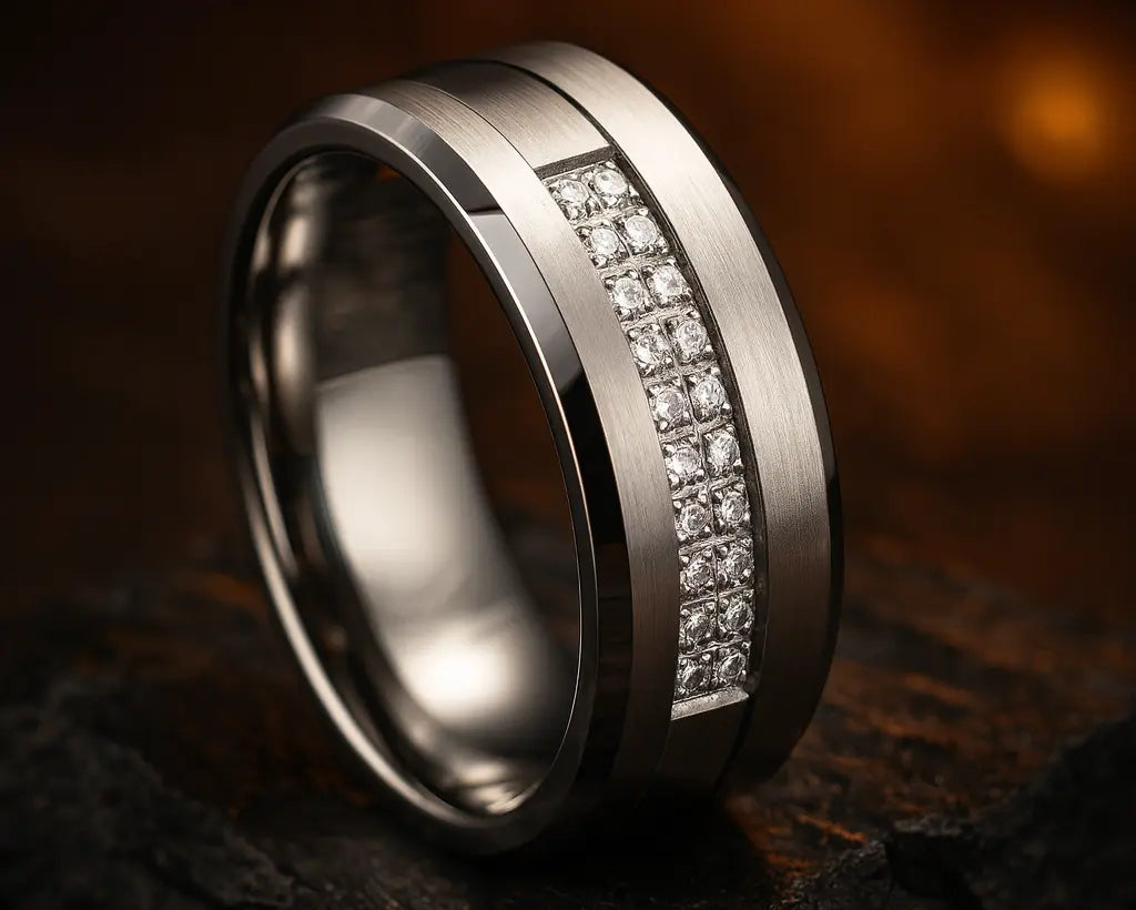 Silver ring with diamond accents on a dark background