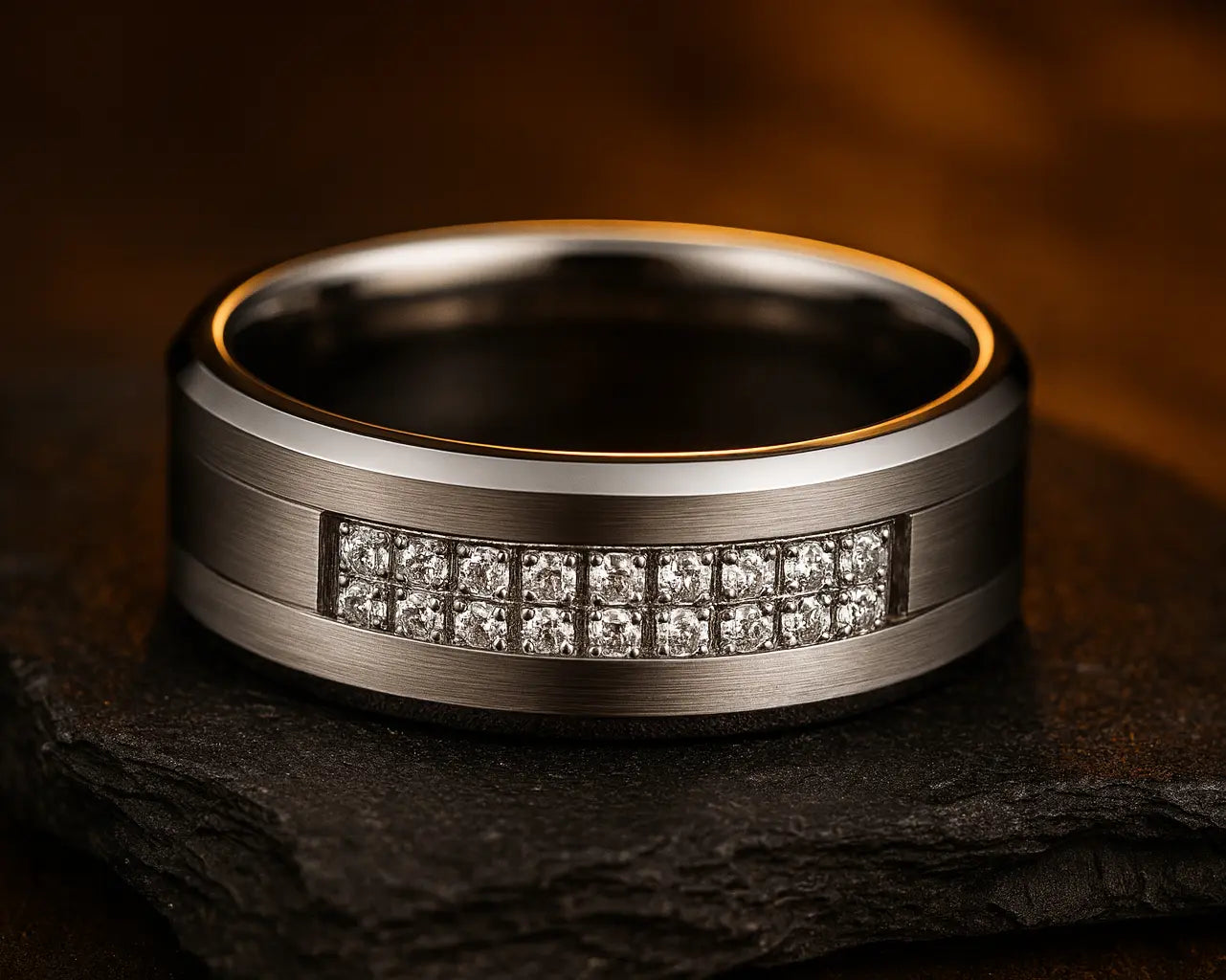 Silver ring with embedded diamonds on a dark stone surface