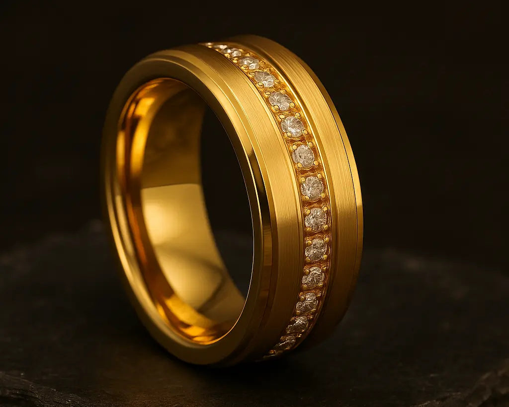 Gold ring with diamond accents on a dark background
