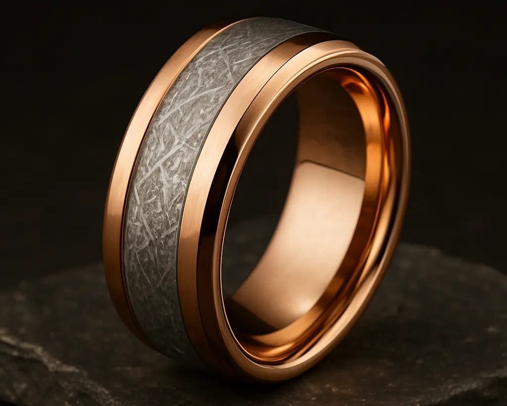 Rose gold ring with meteorite inlay textured band on a dark background